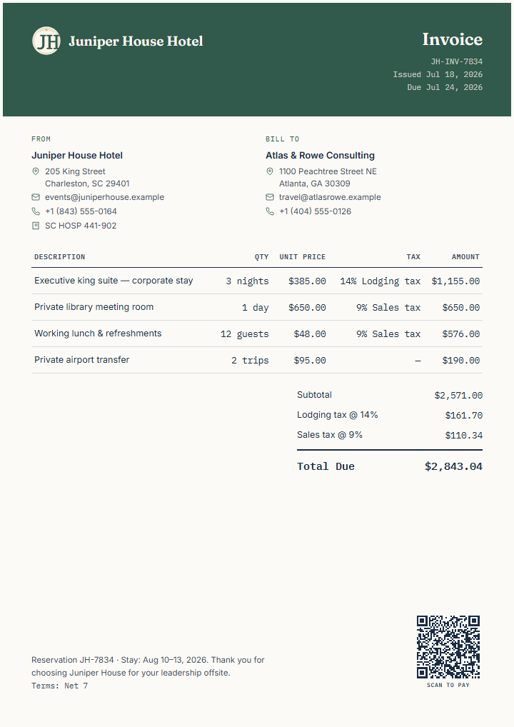 Finished Juniper House Hotel invoice with its own logo and scan-to-pay QR code