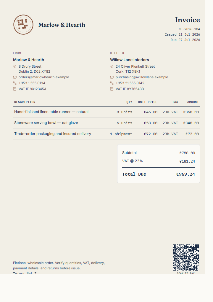 Finished fictional boutique wholesale order invoice preview