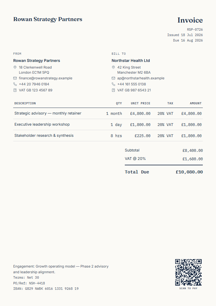 Finished fictional advisory retainer invoice preview