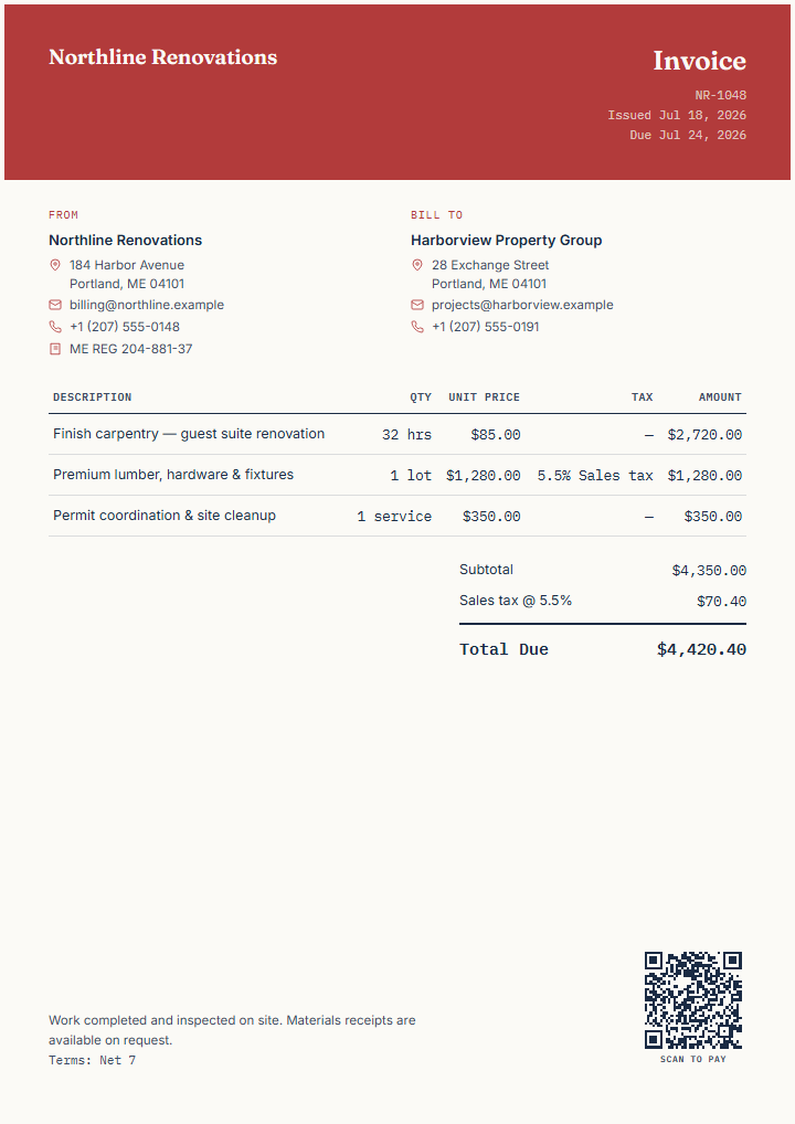 Finished fictional renovation project invoice preview