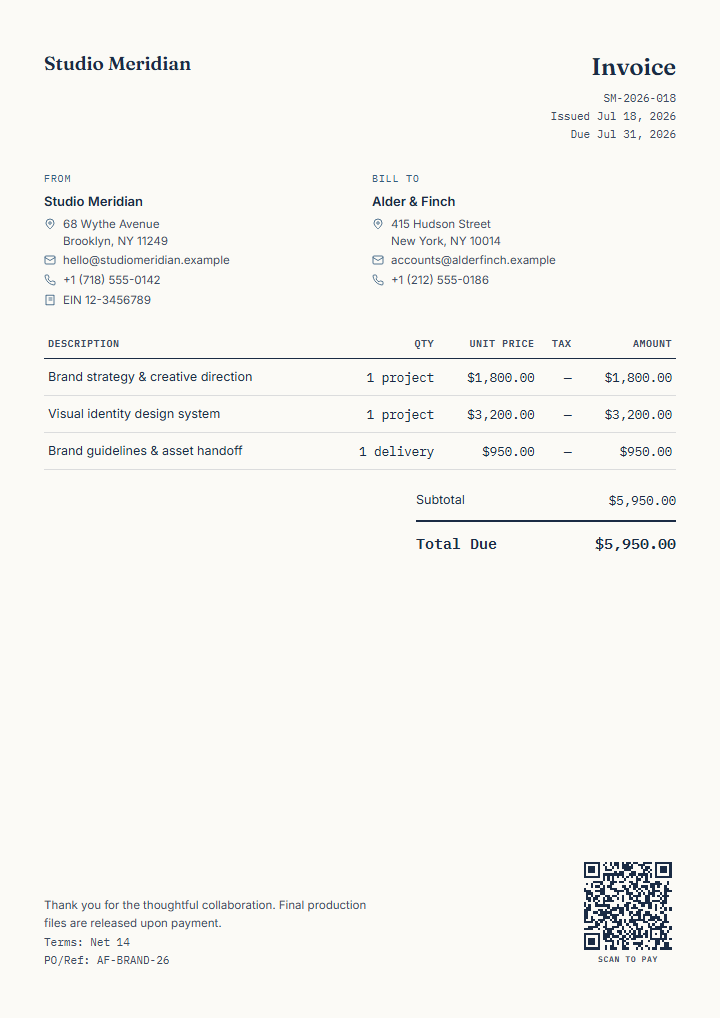 Finished fictional creative studio invoice preview