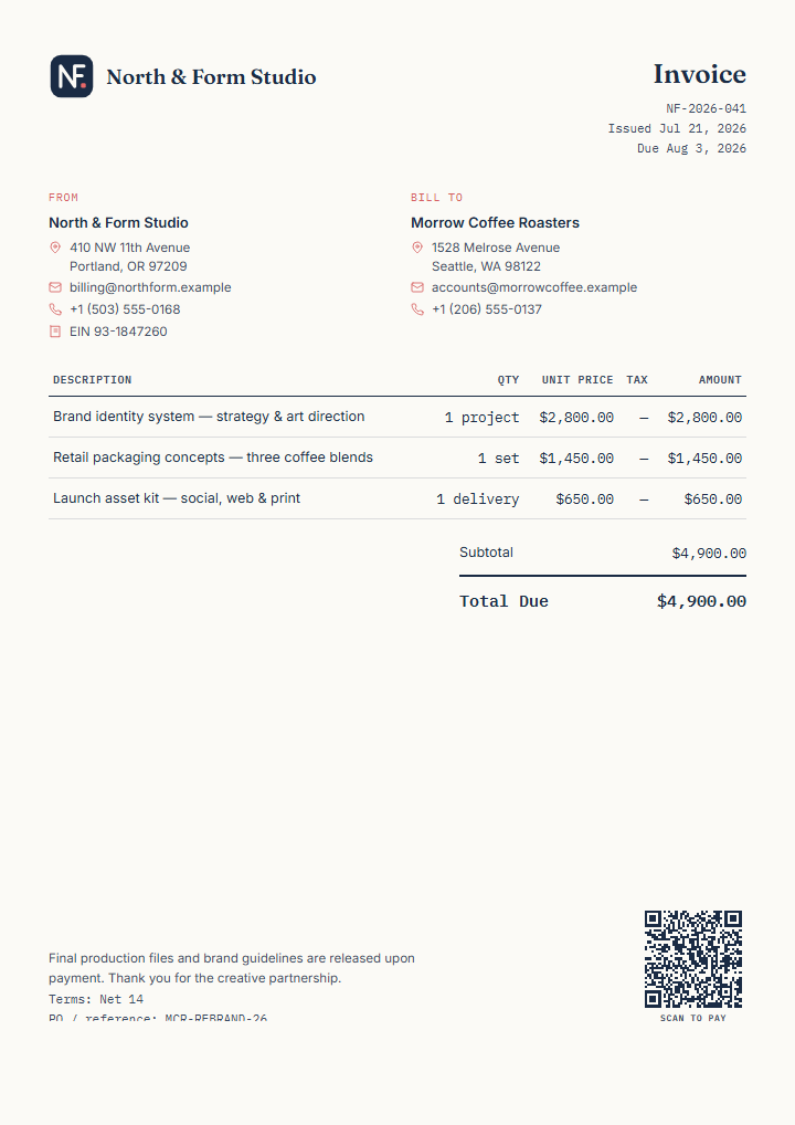 Finished fictional graphic design milestone invoice preview