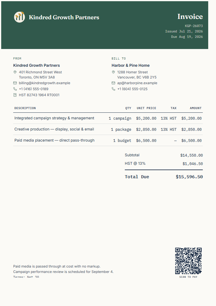 Finished fictional marketing campaign invoice preview