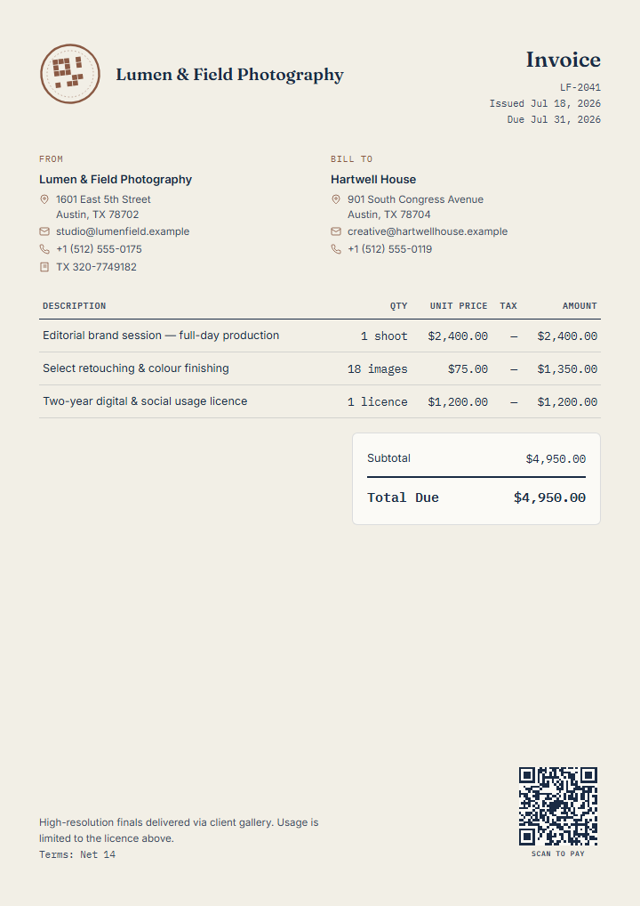 Finished fictional editorial production invoice preview