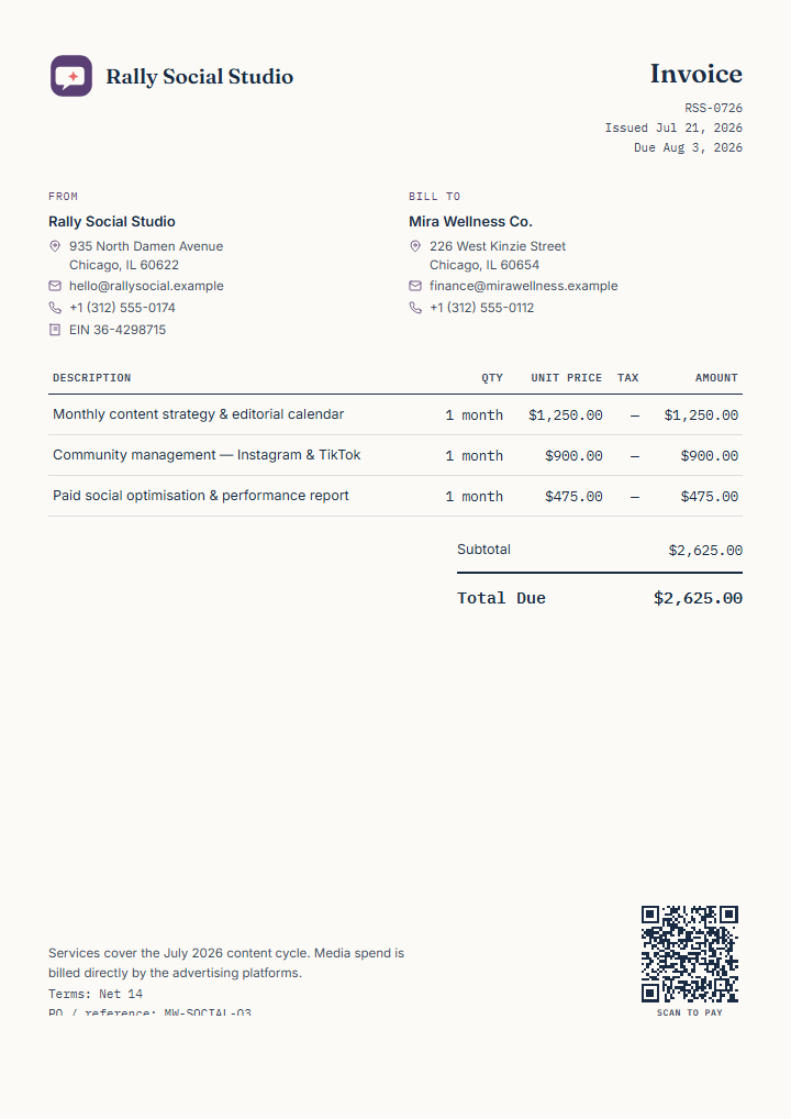 Finished fictional social media retainer invoice preview