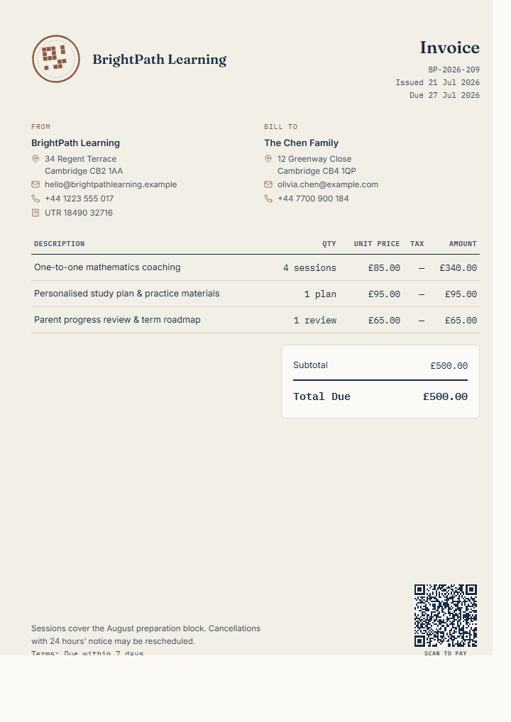 Finished fictional tutor and coach session invoice preview