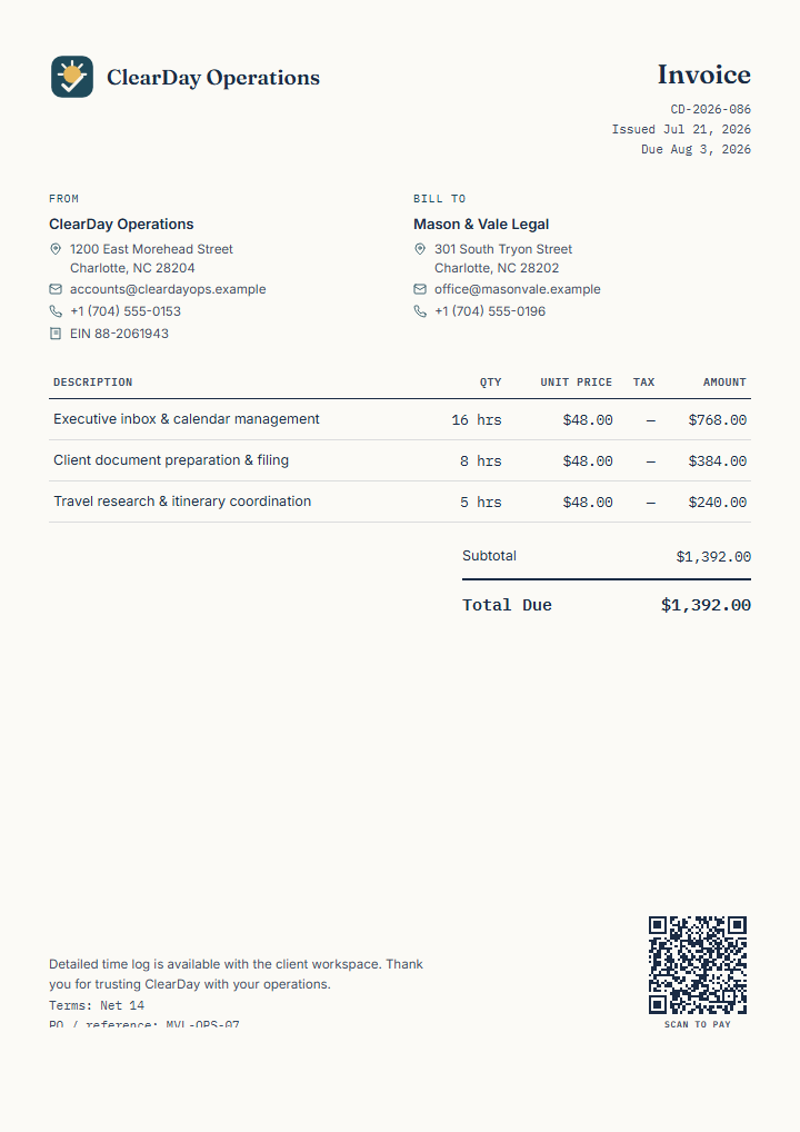 Finished fictional virtual assistant time invoice preview