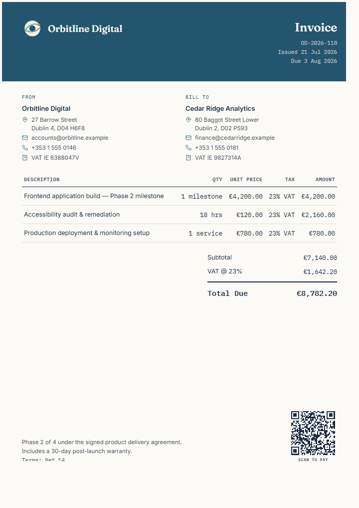 Finished fictional web development milestone invoice preview